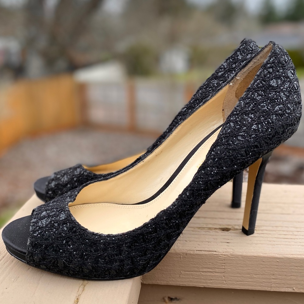 ENZO ANGIOLINI “Eamaiven” Elegant Black Sparle Holiday Peep-Toe Heels - 8.5